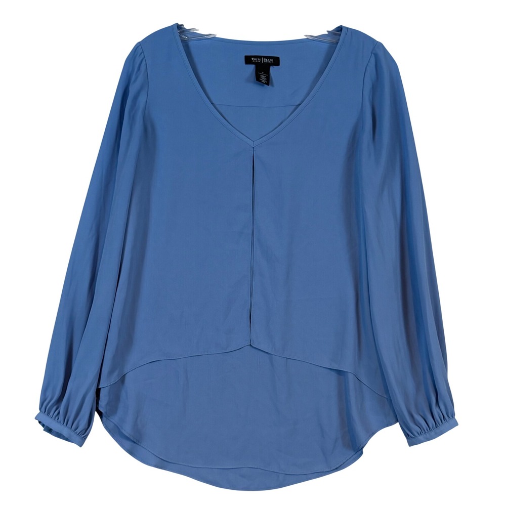 White House Black Market Blue V-Neck‎ Pleated High-Low Long Sleeve Blouse Size 2